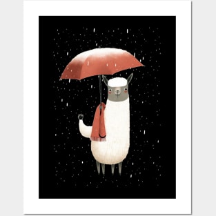 Llama standing in the rain with his red umbrella Posters and Art